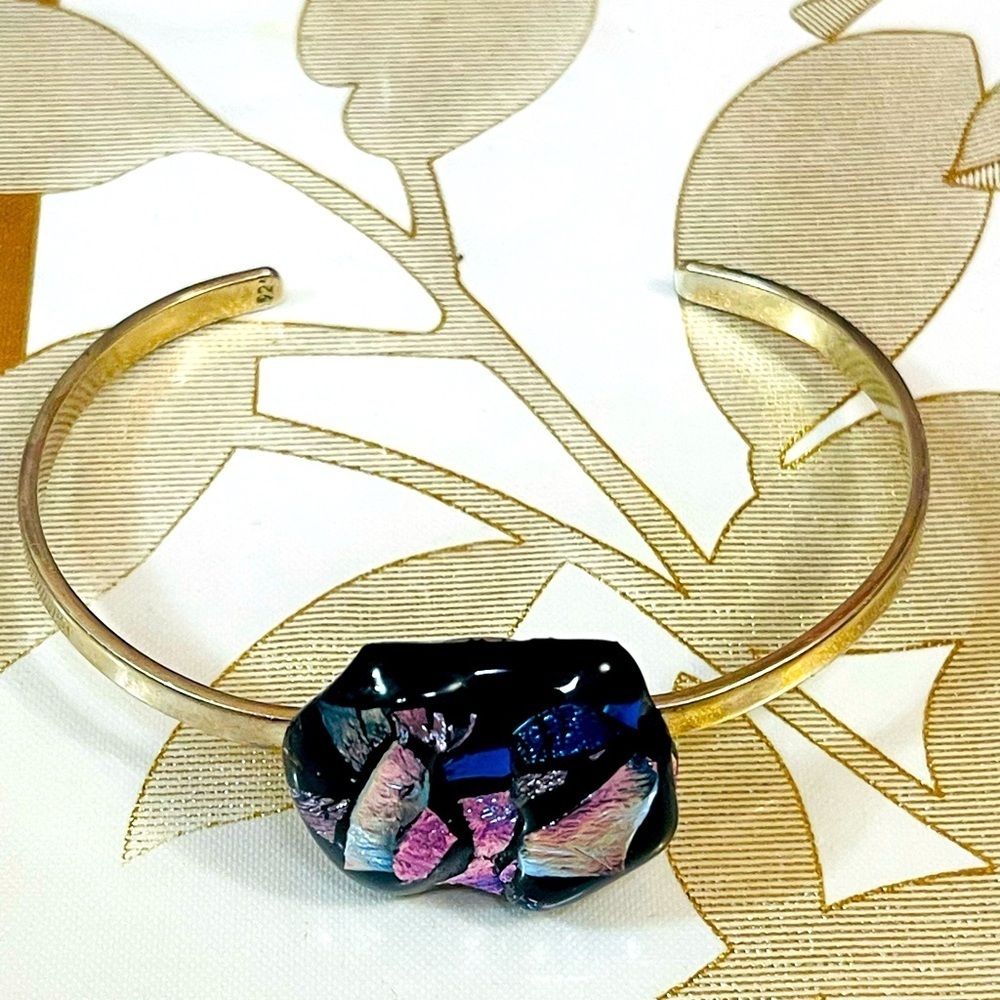 Southwest Signed Sterling Dichroic Glass Stone Cuff Bracelet Sz 6.25-6.5